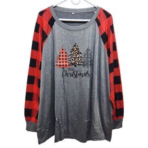 Plus Size Christmas Sweatshirt Womens Raglan Tee Buffalo Plaid & Leopard SZ 4XL